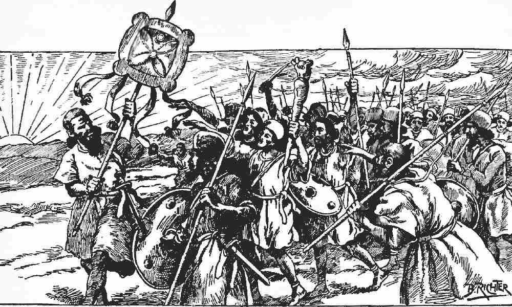 نگاره کاوه آهنگر که درفش کاویانی به دست دارد و در مقابل مردم معترض به ظلم ضحاکشاه است.