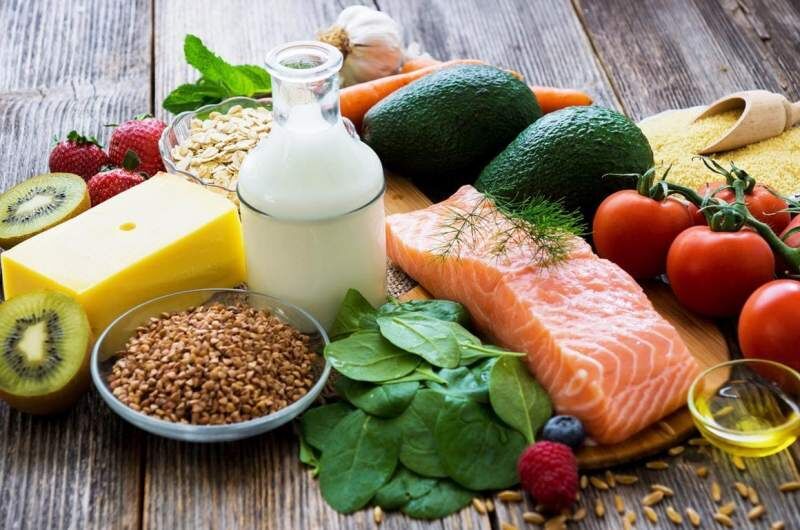 رژیم غذایی سالم که شامل انواع پروتئین، میوه، محصولات لبنی، کربوهیدرات و... می شود.