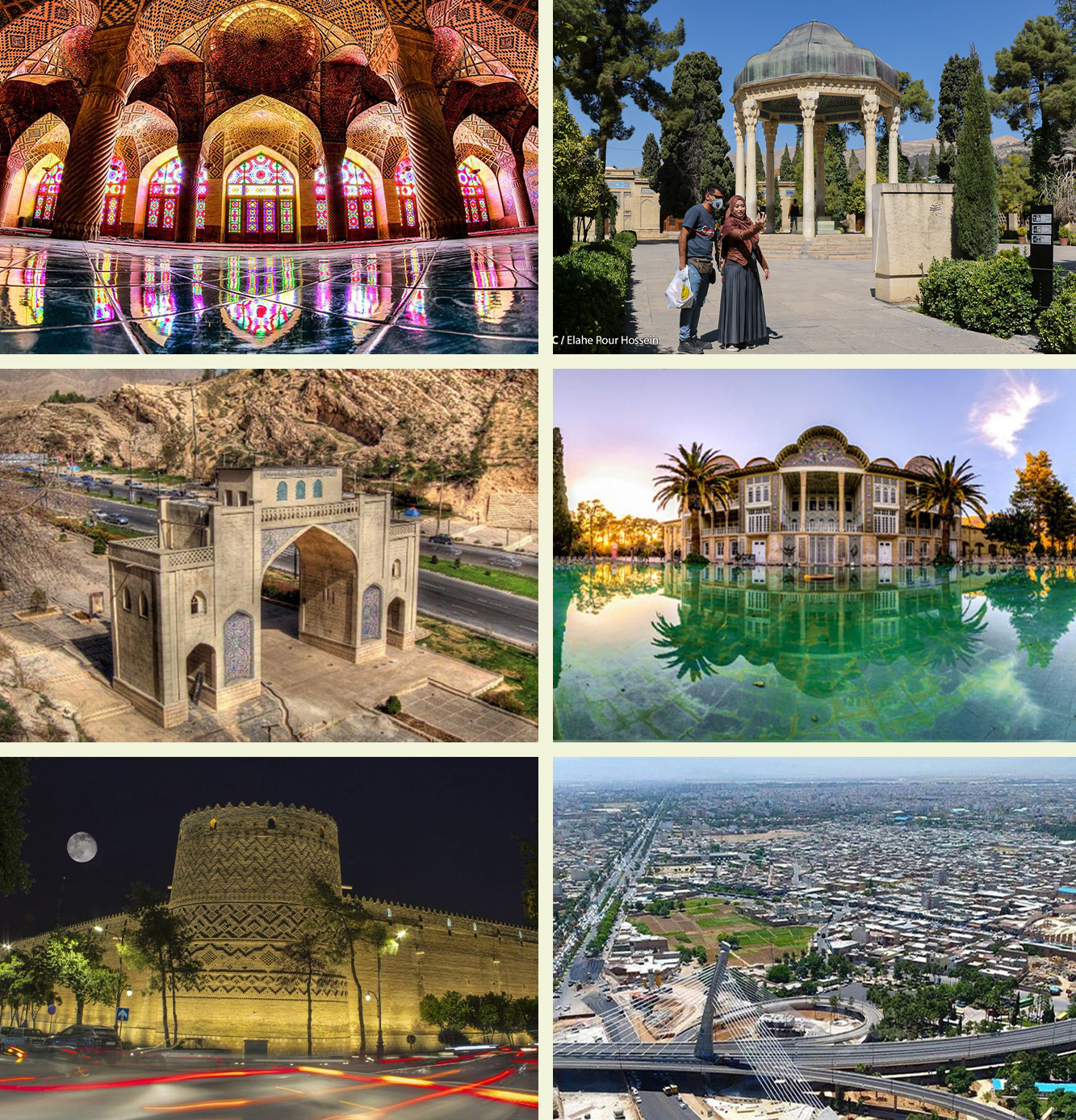 نماهایی از شهر شیراز - به ترتیب ساعت گرد از بالا سمت چپ، [[مسجد نصیرالملک