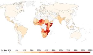 نقشه جهانی درصد افرادی که در فقر شدید زندگی می‌کنند. بانک جهانی فقر شدید را زندگی با کمتر از ۱٫۹۰ دلار در روز تعریف می‌کند.