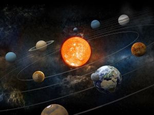 تصویری نمادین از کره زمین و دیگر سیارات منظومه شمسی در حال گردش به دور خورشید. که هر دور گردش معادل یک سال است..jpg